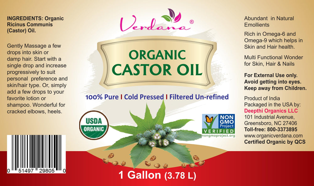 Verdana Organic Castor Oil gallon shown, ideal for professional salons and bulk refills.