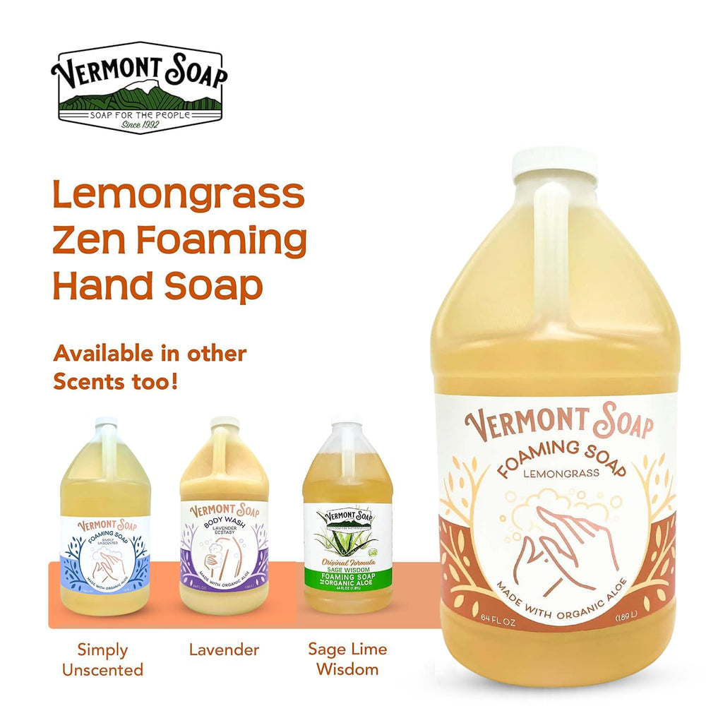 Bathroom setup with 64 oz Vermont Soap Lemongrass Zen bottle ready for use.