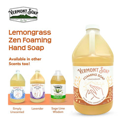 Bathroom setup with 64 oz Vermont Soap Lemongrass Zen bottle ready for use.