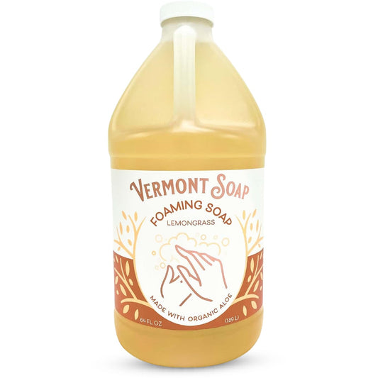 Vermont Soap Lemongrass Zen foaming bottle dispenses gentle moisture for dry skin.