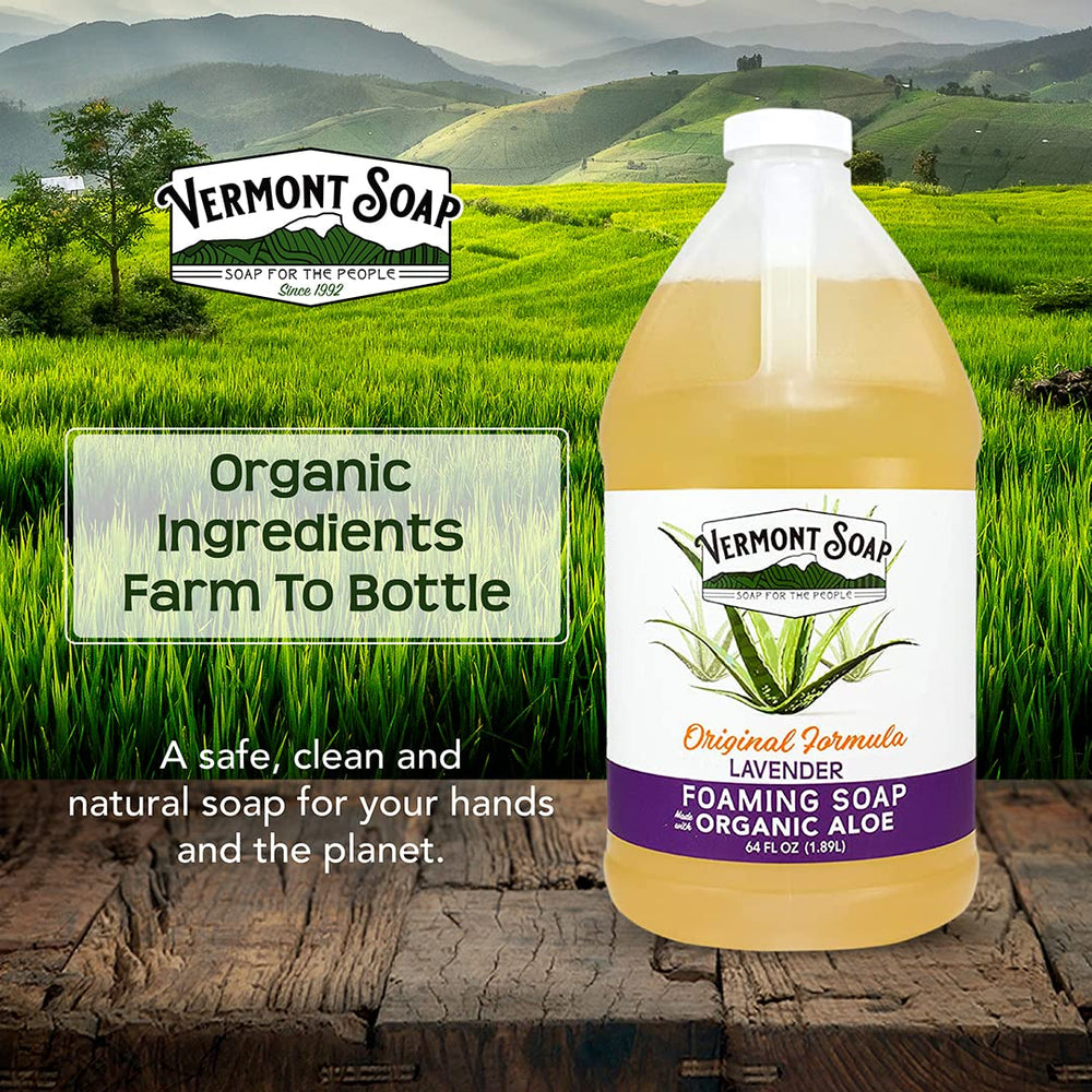 Vermont Soap natural ingredients label highlights aloe and coconut oils for hydration.