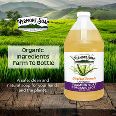 Vermont Soap natural ingredients label highlights aloe and coconut oils for hydration.
