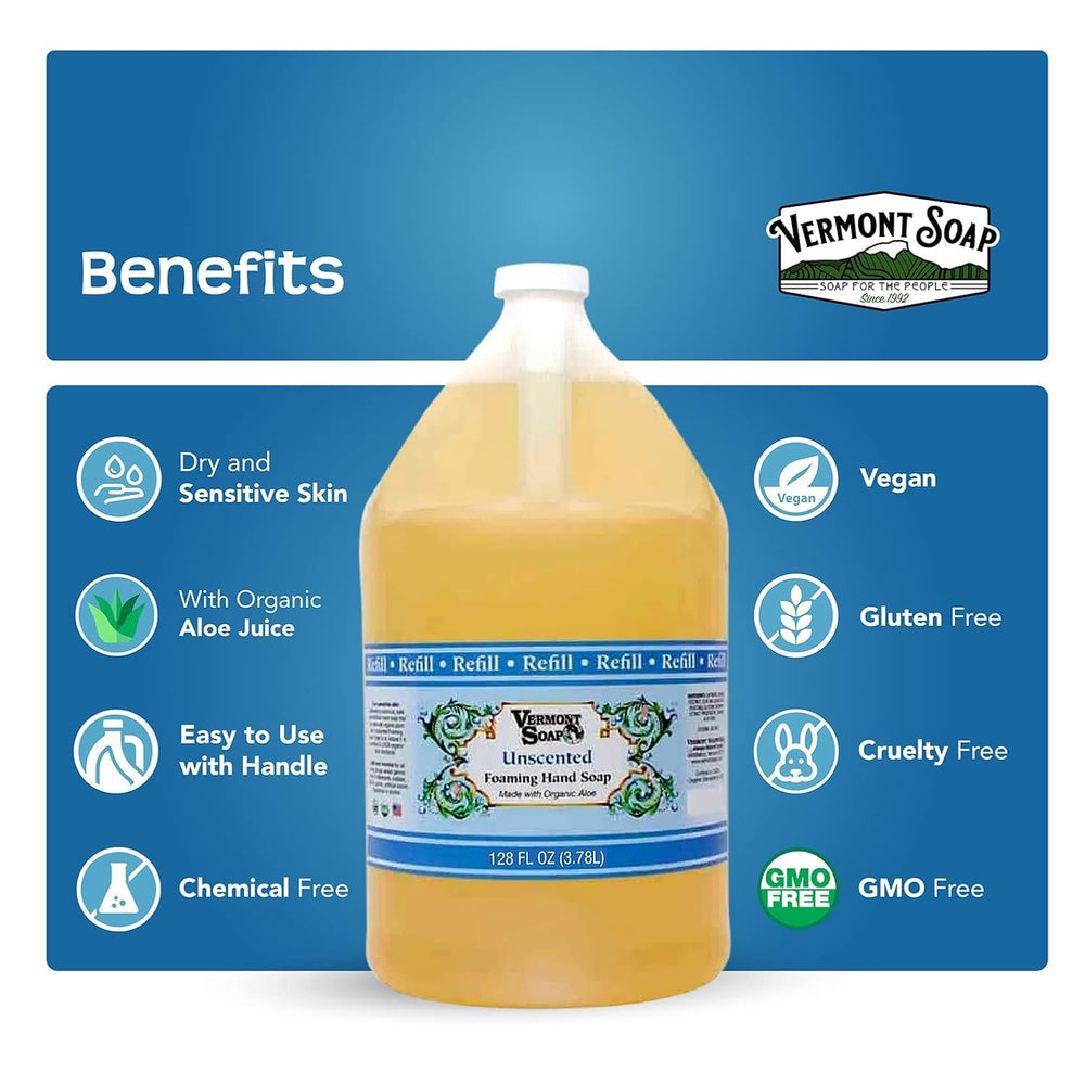 VERMONT SOAP Organics gallon refill packaging reduces waste and saves money.