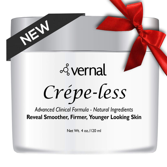 Vernal Crepe-less Cream jar shows organic formula for smoother, hydrated skin.