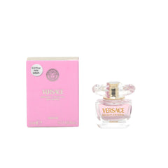 Versace Bright Crystal mini bottle on vanity, ideal for on-the-go luxury.