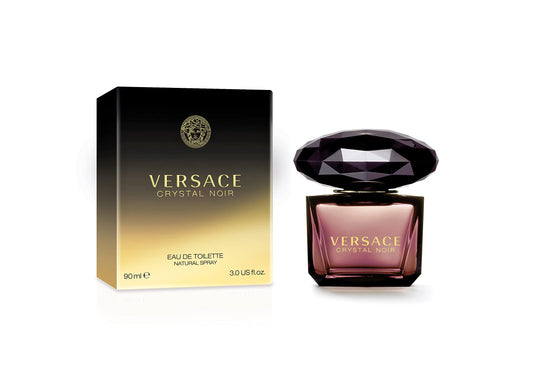 Versace Crystal Noir bottle front view with sleek black glass, ideal for evening wear.