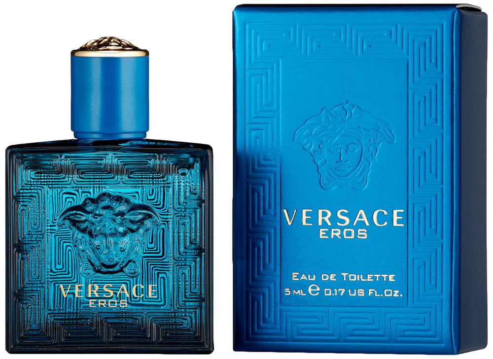 Versace Eros bottle cap emblem signals luxury and iconic branding.