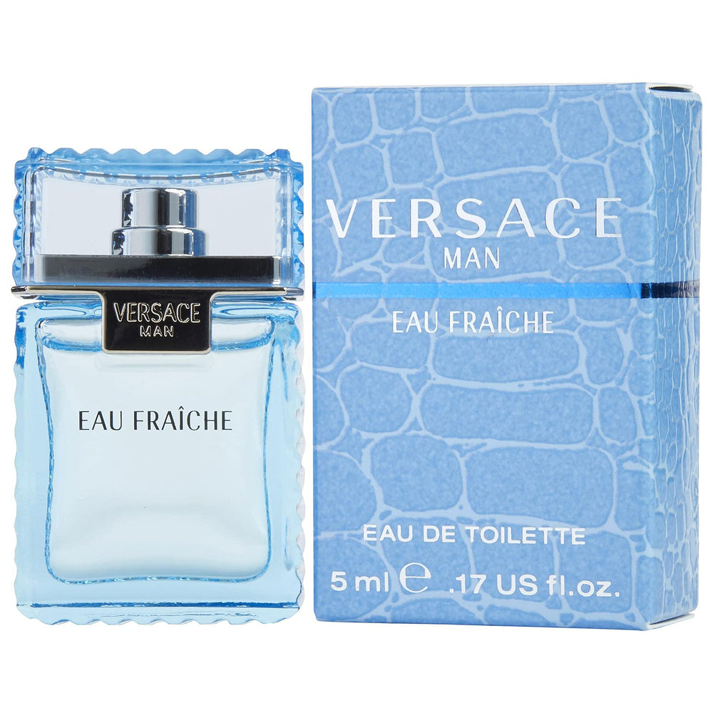 Versace Man Eau Fraiche bottle closeup, sleek packaging ideal for travel or gym bags.