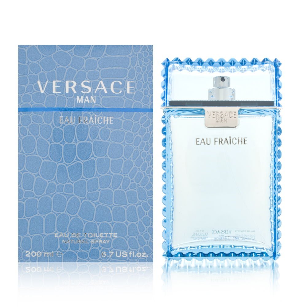 Versace Man Eau Fraiche bottle on display; fresh, aquatic fragrance for daily wear