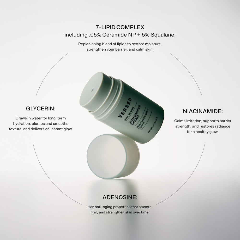 Versed Daily Recovery Rich Barrier Cream packaging detail emphasizing easy daily use