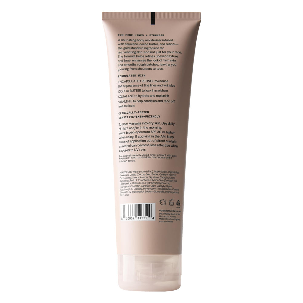 Versed Press Restart Retinol Body Lotion packaging highlights vegan, cruelty-free credentials.