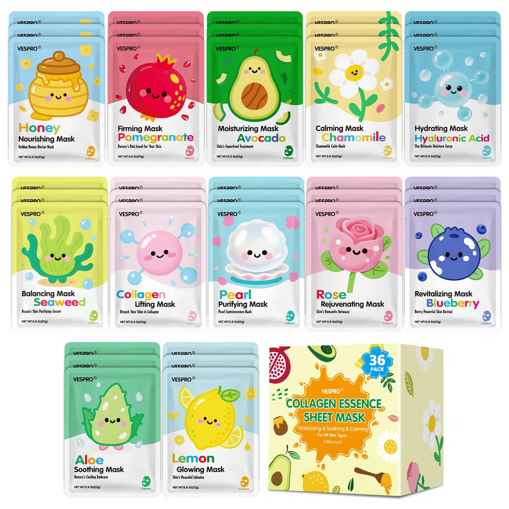 VESPRO 36-pack face masks gift set for spa nights and daily hydration.