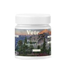 Vetr Naturals Healing Indian Clay jar shows pure bentonite clay for deep cleansing.
