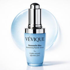 VÉVIQUE Renewelle Bleu Serum bottle showcases premium anti-aging care for radiant skin.