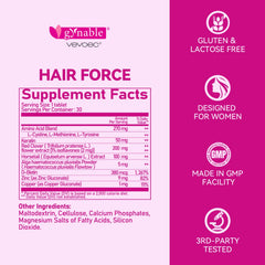 Vevoec Hair Force packaging communicates gluten-free, vegetarian formula for hair care