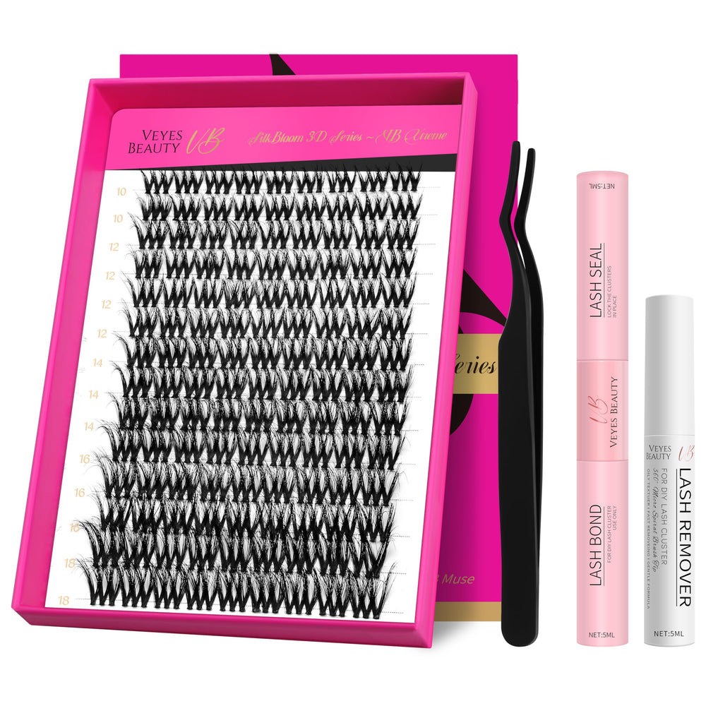 VEYESBEAUTY lash clusters tray showing fluffy 3D lashes for versatile volume