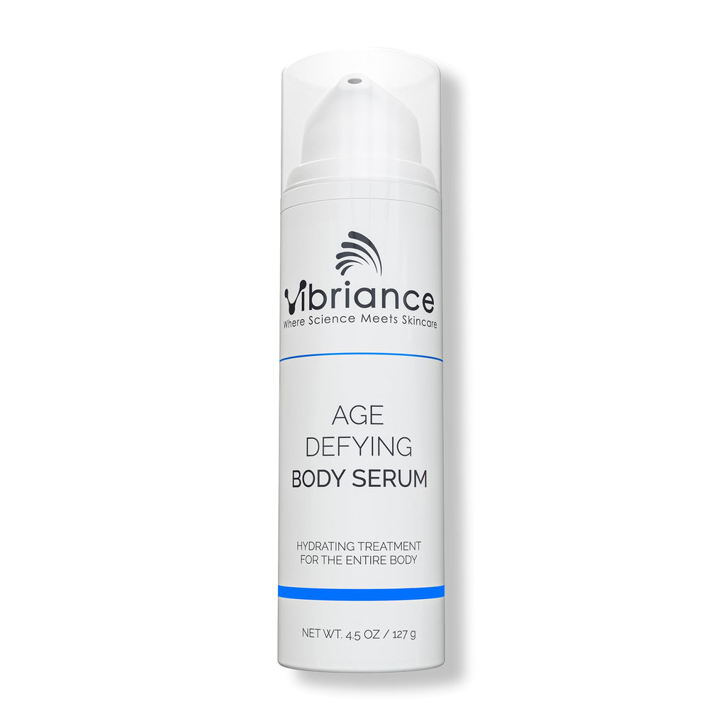 Vibriance Age Defying Body Serum bottle pour shows easy application and quick hydration.
