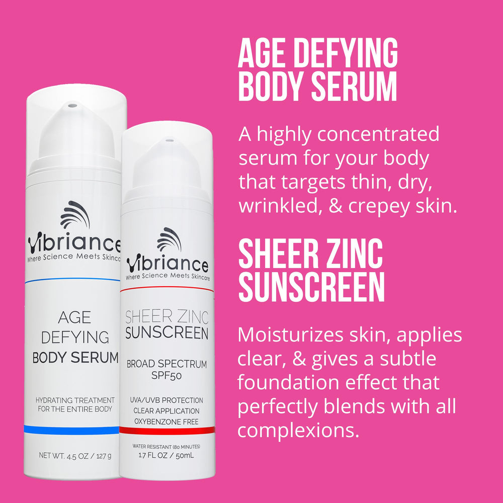 Vibriance Age Defying Body Serum bottle suggesting firming and nourishment.