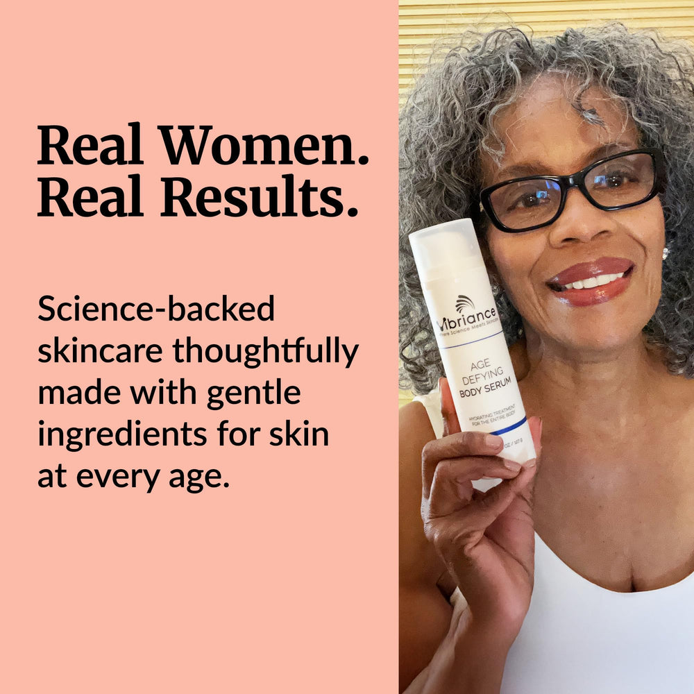 Vibriance Age Defying Body Serum daily routine pose promotes consistent use for healthier-looking skin.