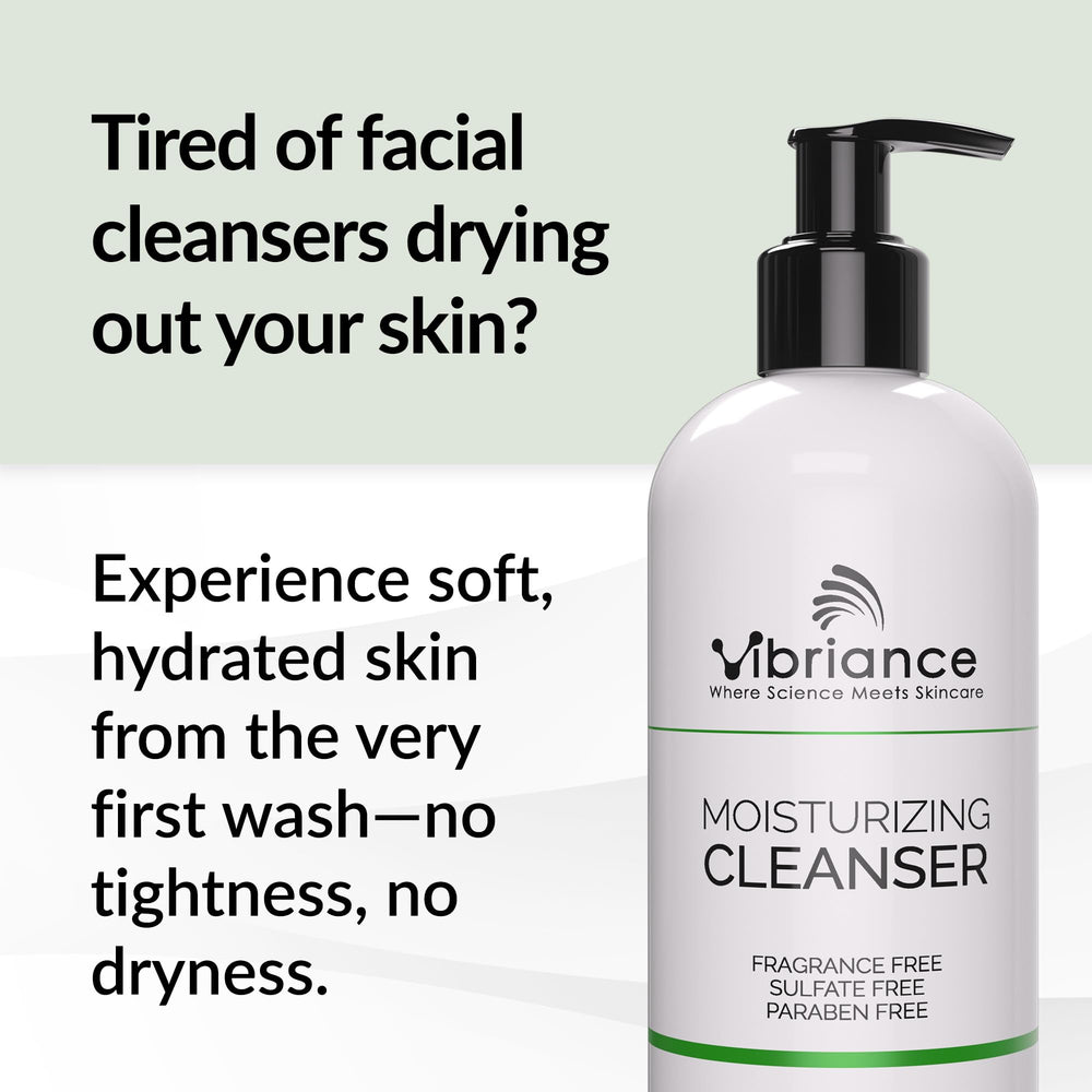 Vibriance Moisturizing Cleanser foam-lather close-up shows silky texture ideal for sensitive skin.