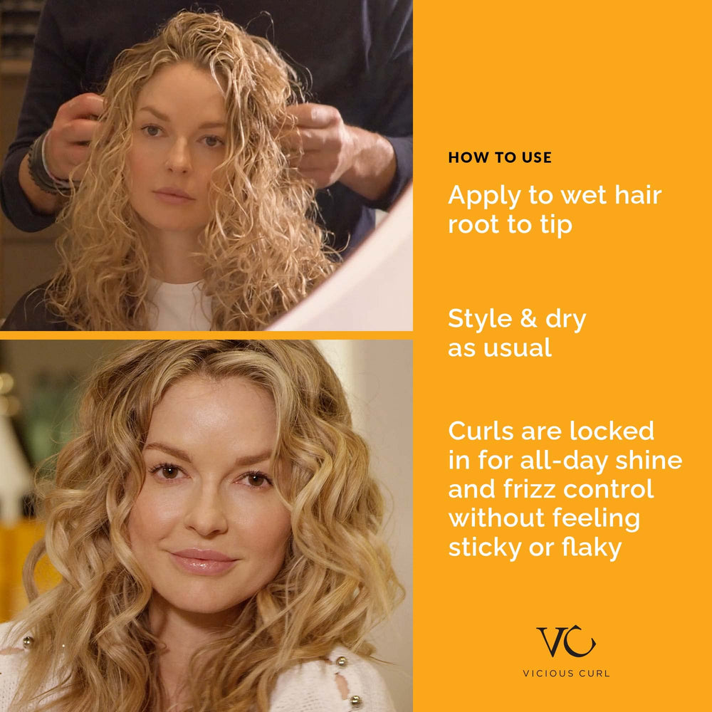 VICIOUS CURL Curl Lock Gel application close-up highlights smooth, crunch-free definition.