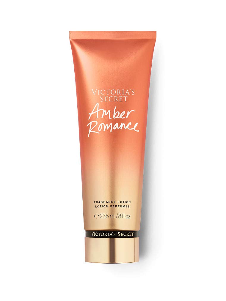 Victoria's Secret Amber Romance lotion bottle highlights a nourishing, long-lasting scent for daily use