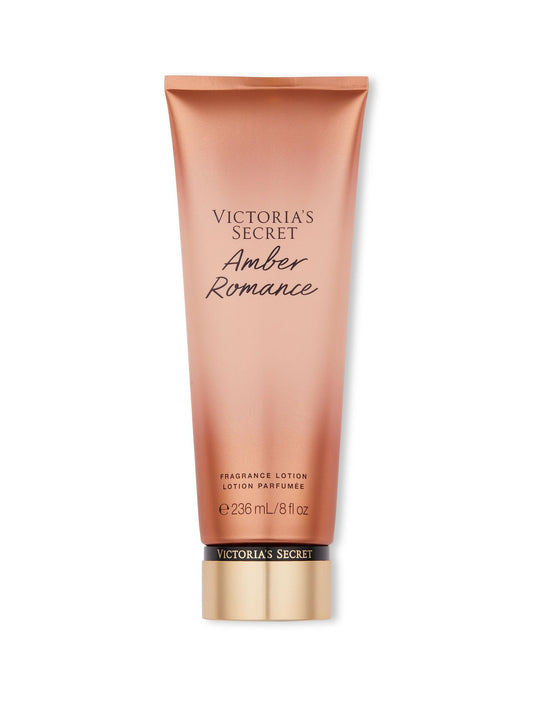 Victoria's Secret Amber Romance Nourishing Lotion bottle showing quick-dry hydration for hands and body