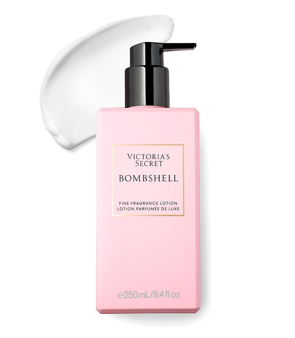 Victoria's Secret Bombshell fragrance lotion bottle label highlighting fruity floral notes for everyday scent