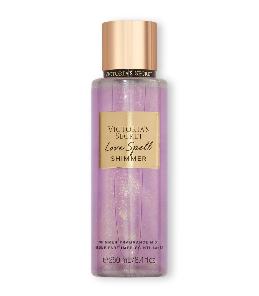 Victoria's Secret Love Spell Shimmer Mist bottle pour highlights subtle shimmering fragrance.