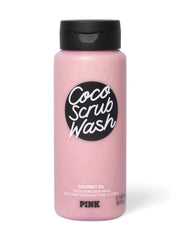 Victoria's Secret Pink Coco Scrub Wash bottle highlighting sustainable packaging