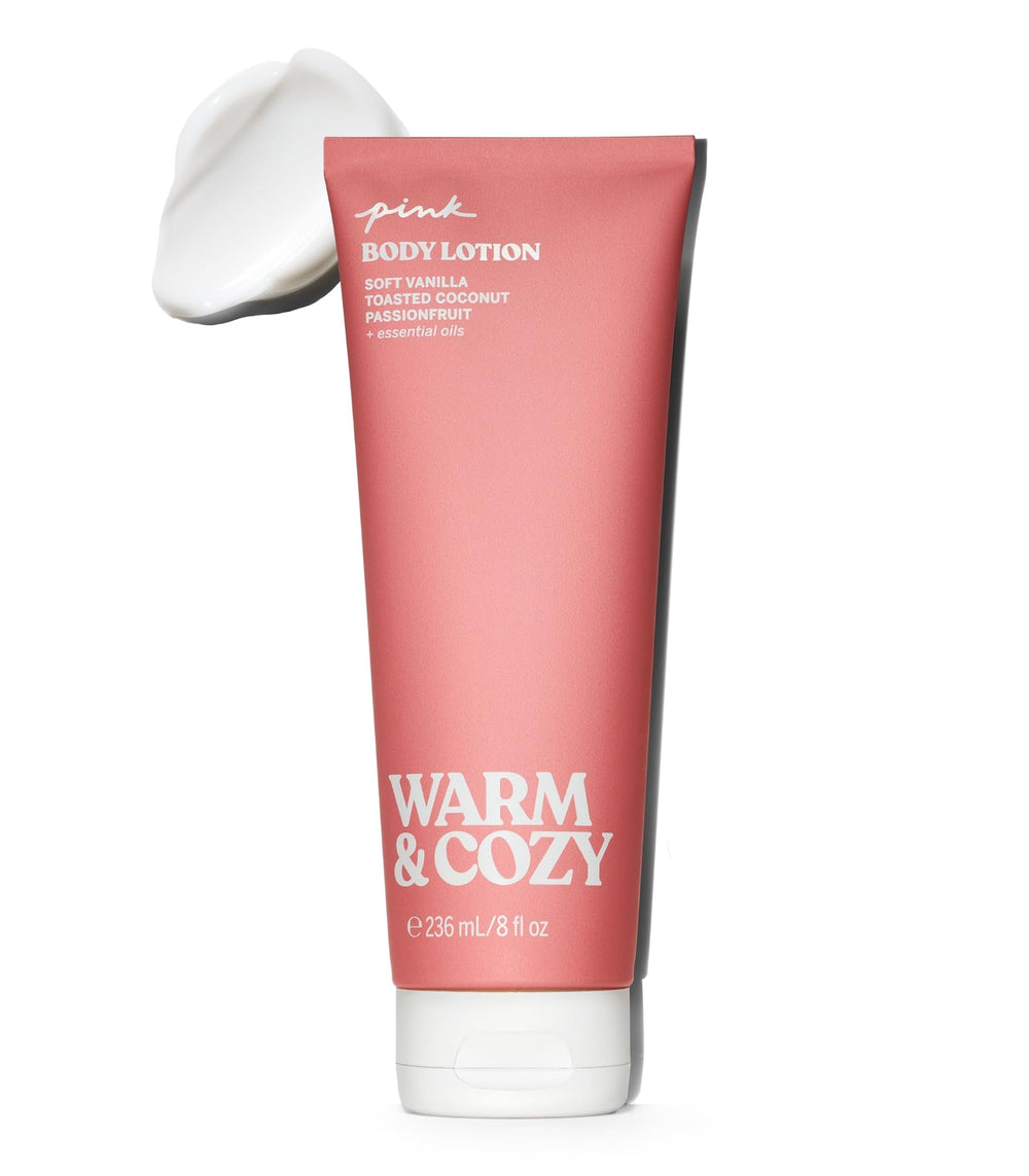 Victoria's Secret PINK Warm & Cozy lotion bottle with vanilla notes for daily softness.
