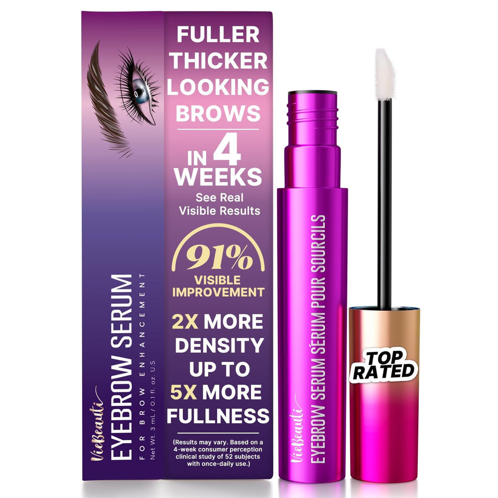 VieBeauti Eyebrow Growth Serum bottle showing fuller brows result
