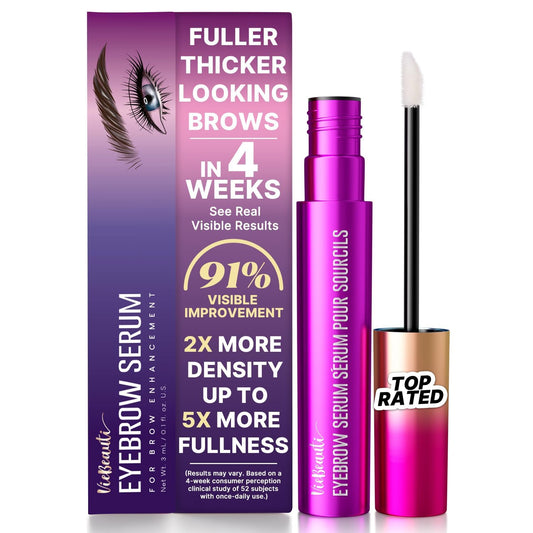 VieBeauti Eyebrow Growth Serum bottle showing fuller brows result