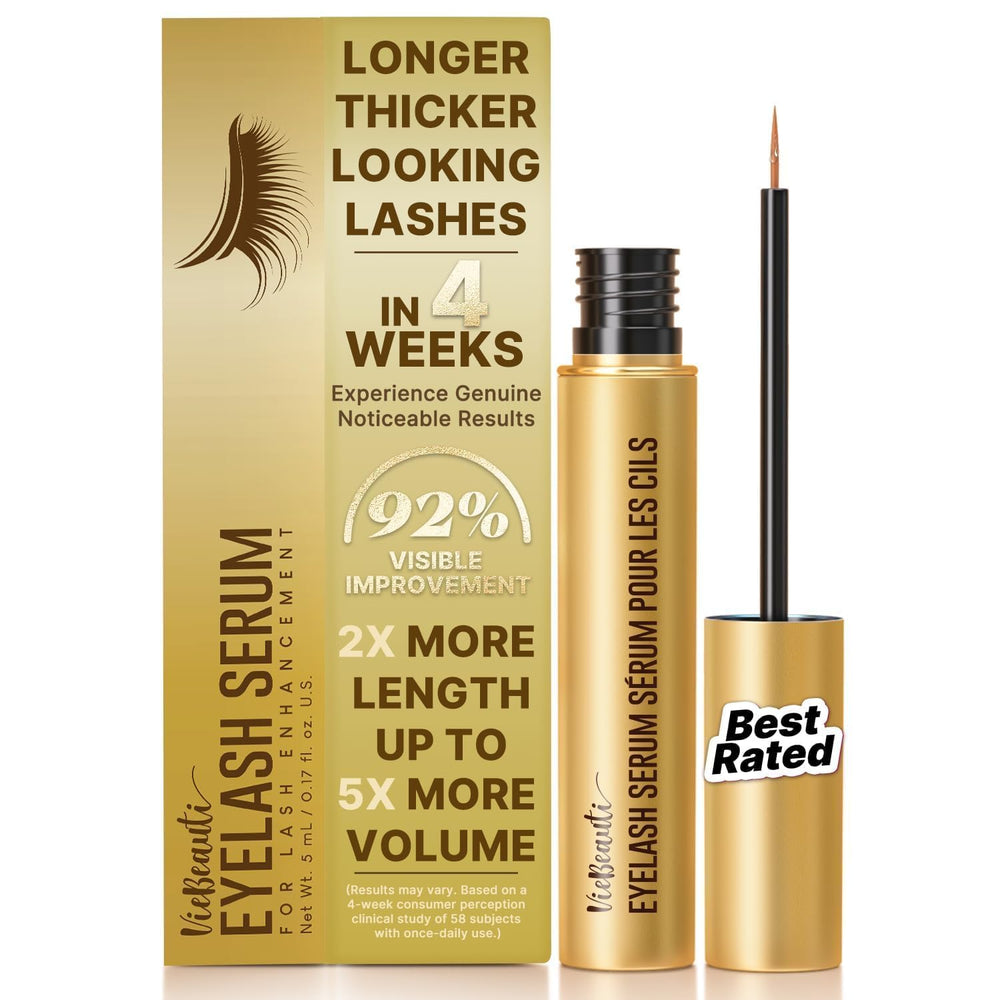 VieBeauti lash serum bottle illustrates the advanced formula for longer, fuller lashes.