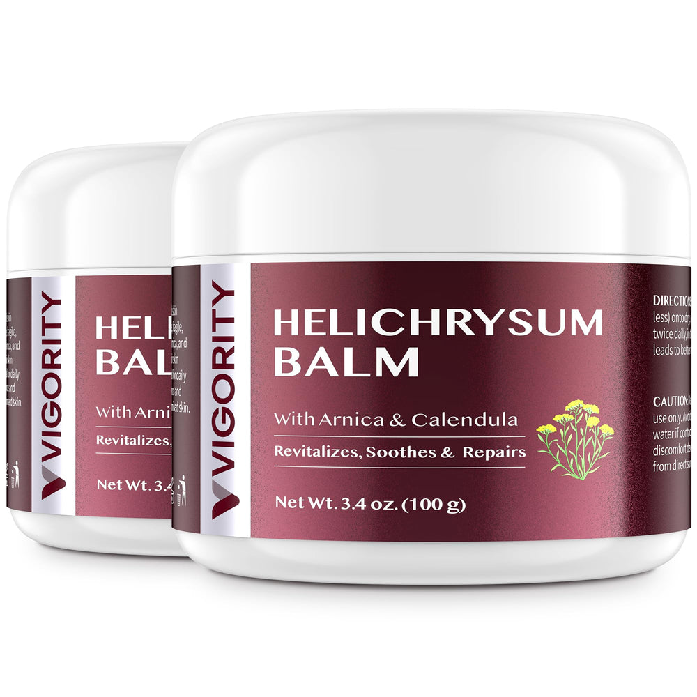 Vigority Helichrysum Balm jar showing whipped texture for facial and body hydration.
