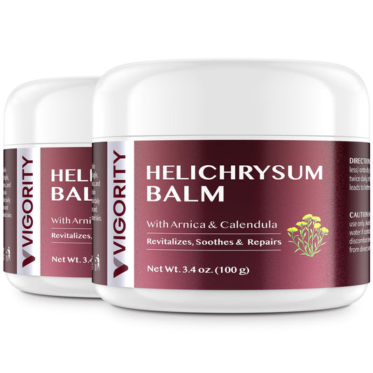 Vigority Helichrysum Balm jar showing whipped texture for facial and body hydration.