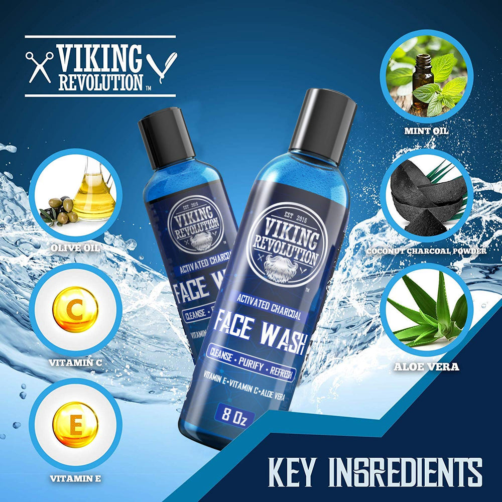 Viking Revolution Charcoal Face Wash ingredients packaging—highlights Vitamin C, Aloe Vera, Coconut Charcoal