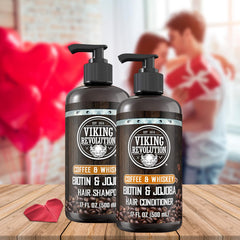 Viking Revolution Coffee Whiskey conditioner bottle highlighting biotin for fuller-looking hair.