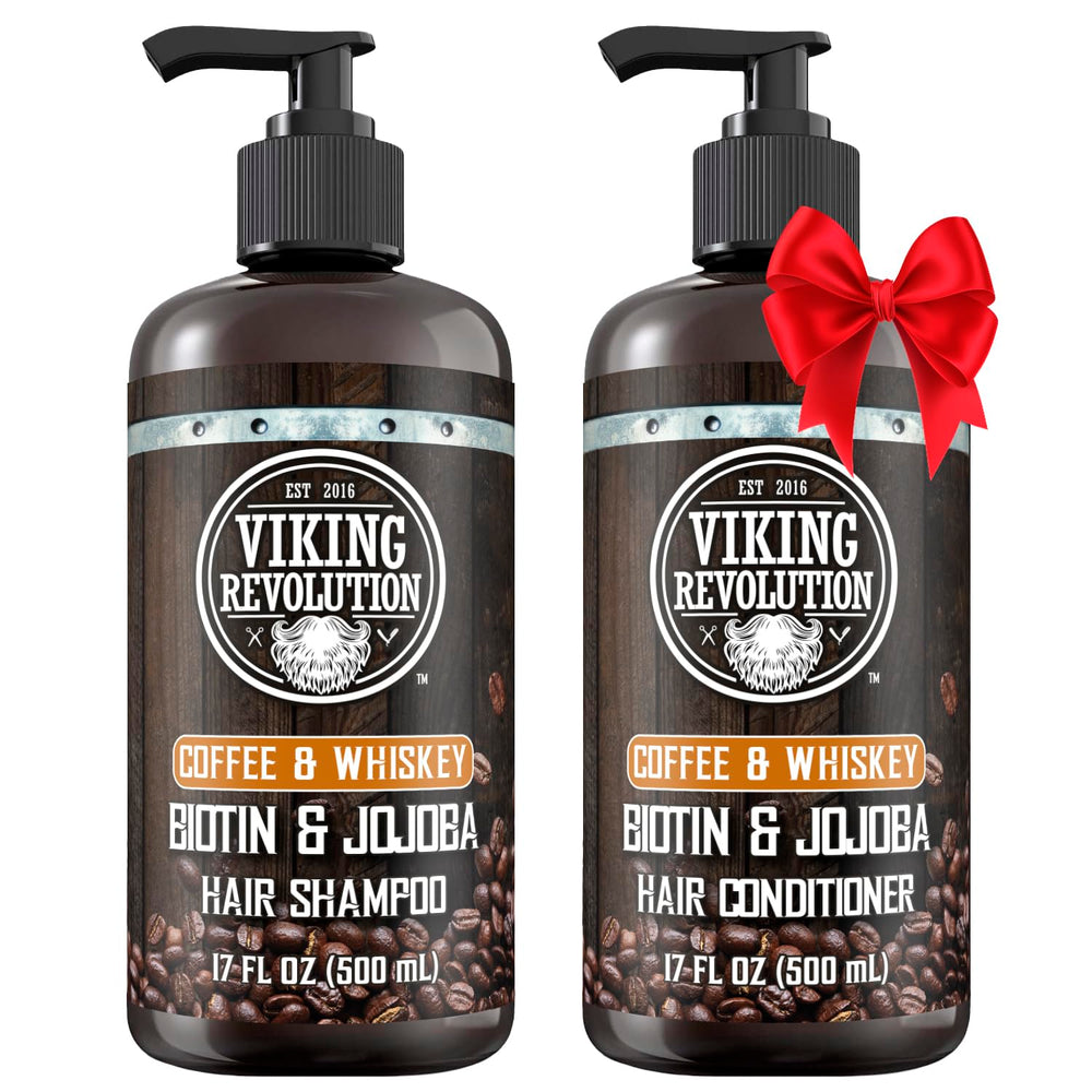 Viking Revolution Coffee Whiskey shampoo bottle with bold scent for daily freshness.