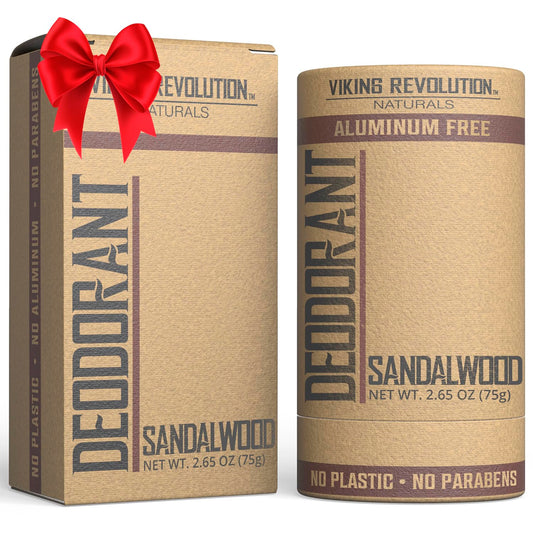 Viking Revolution sandalwood deodorant bottle showing long-lasting, woodsy freshness.