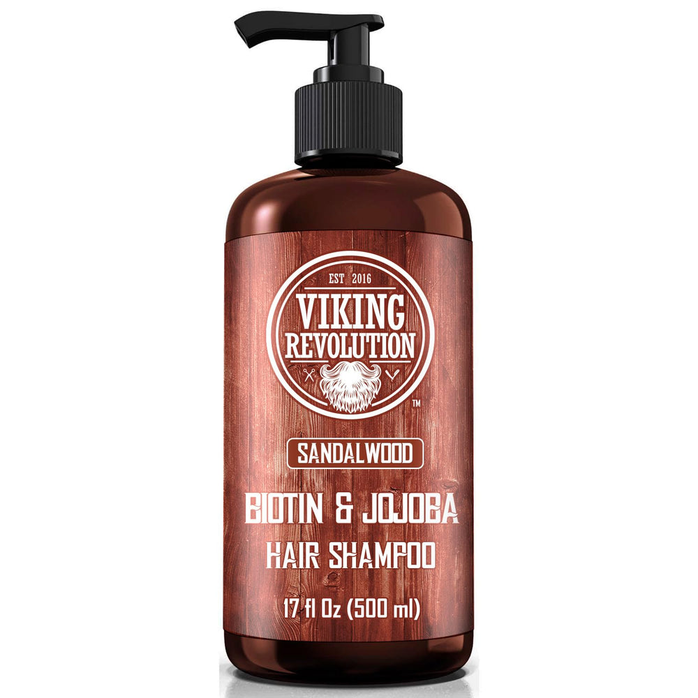 Viking Revolution sandalwood shampoo bottle with pump for easy daily use and refreshing scent.