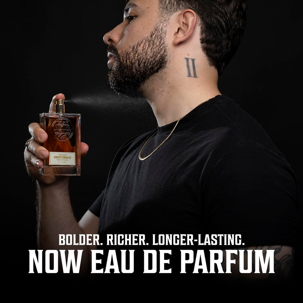Amber-hued bottle against dark background evokes masculine, confident vibes
