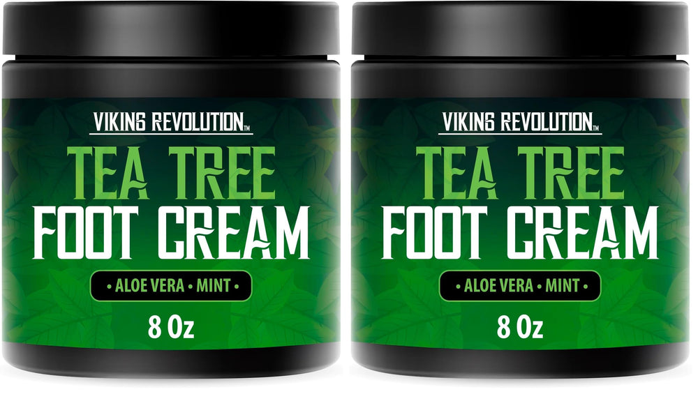 Viking Revolution Tea Tree Foot Cream packaging for dry heels and smooth skin.