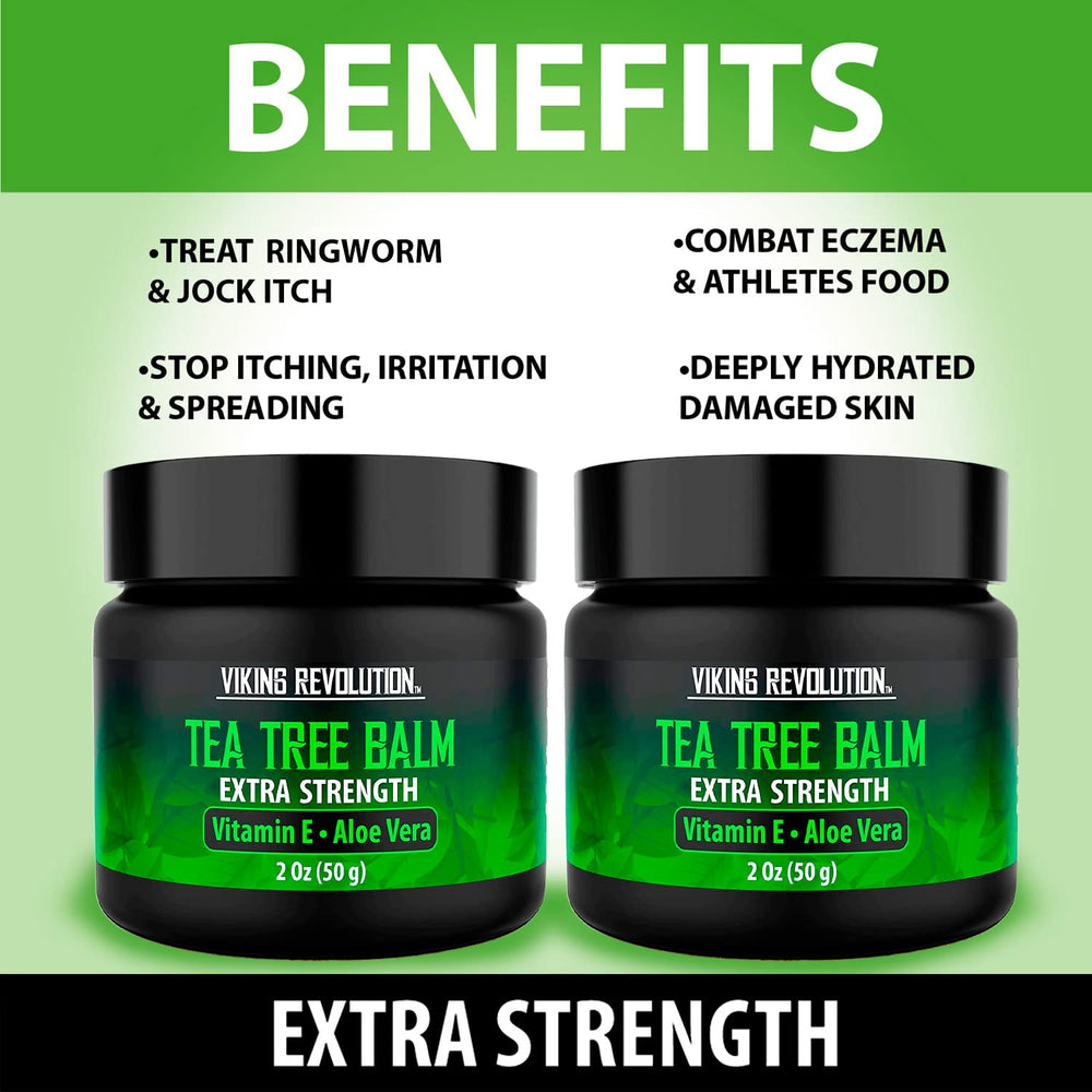 Applying Viking Revolution Tea Tree Oil Cream on forearm to moisturize skin.
