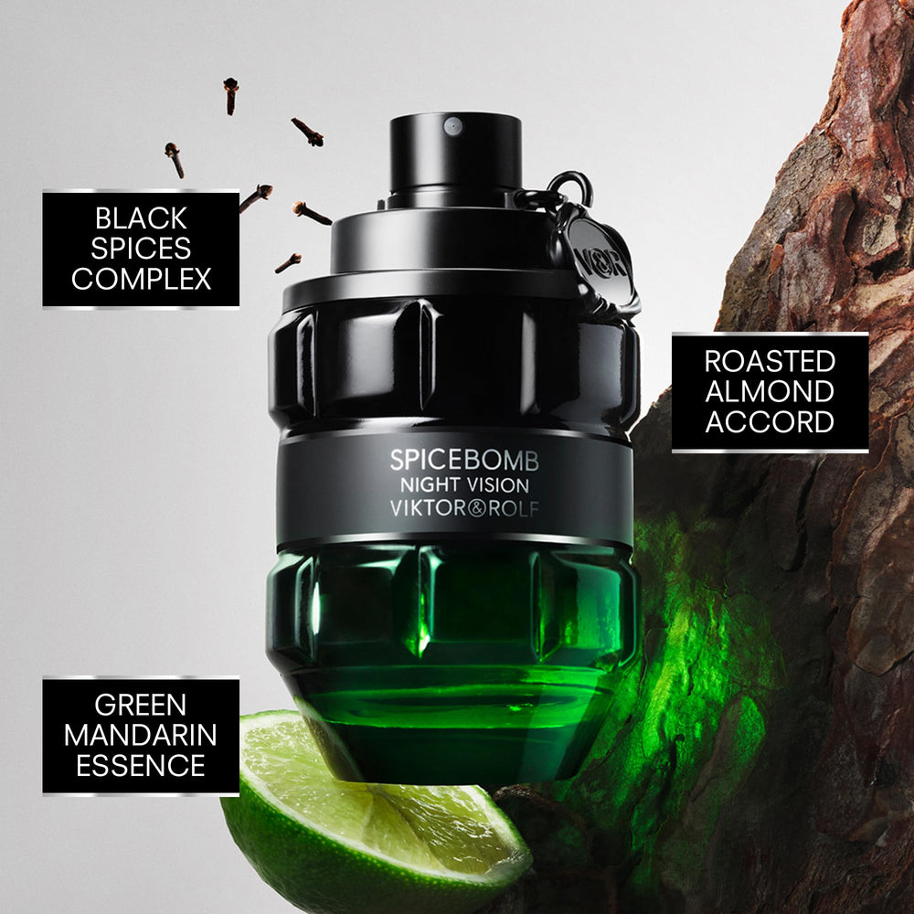 Viktor&Rolf Spicebomb Nightvision bottle side profile highlighting a masculine silhouette and lasting presence
