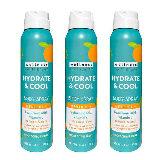 Village Naturals Therapy Wellness Hydrate and Cool Body Spray bottle cooling mist for refreshed skin.