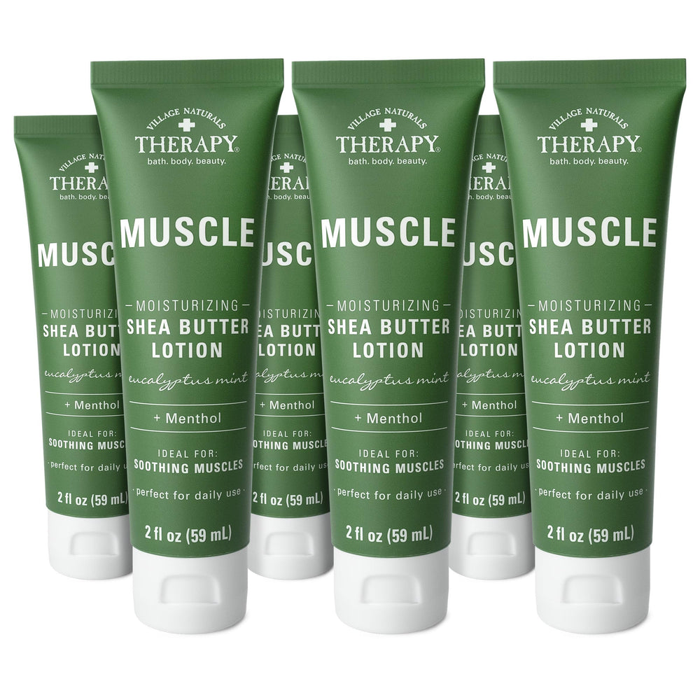 Village Naturals Therapy Muscle Shea Butter Lotion bottle with eucalyptus mint scent for soothing relief.