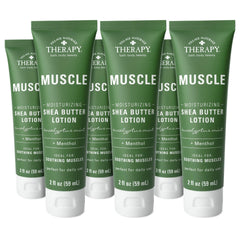 Village Naturals Therapy Muscle Shea Butter Lotion bottle with eucalyptus mint scent for soothing relief.