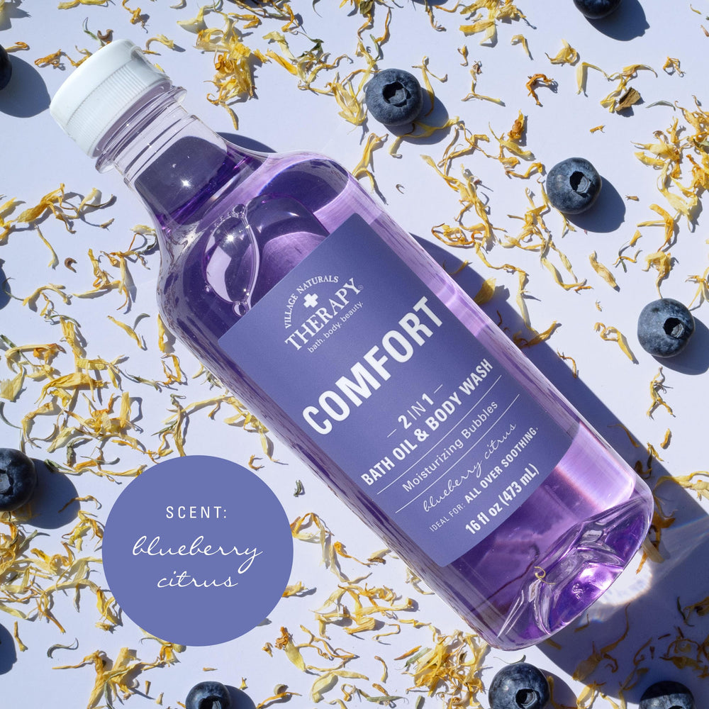 Village Naturals Therapy Comfort blueberry extract close-up highlights natural skin-nourishing ingredients.