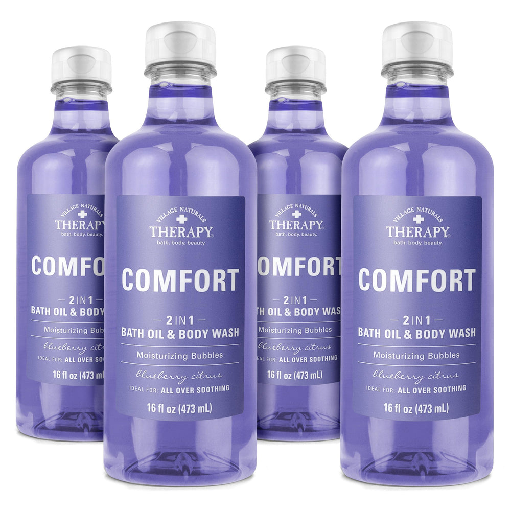 Village Naturals Therapy Comfort bottle pour for a soothing soak and easy use.